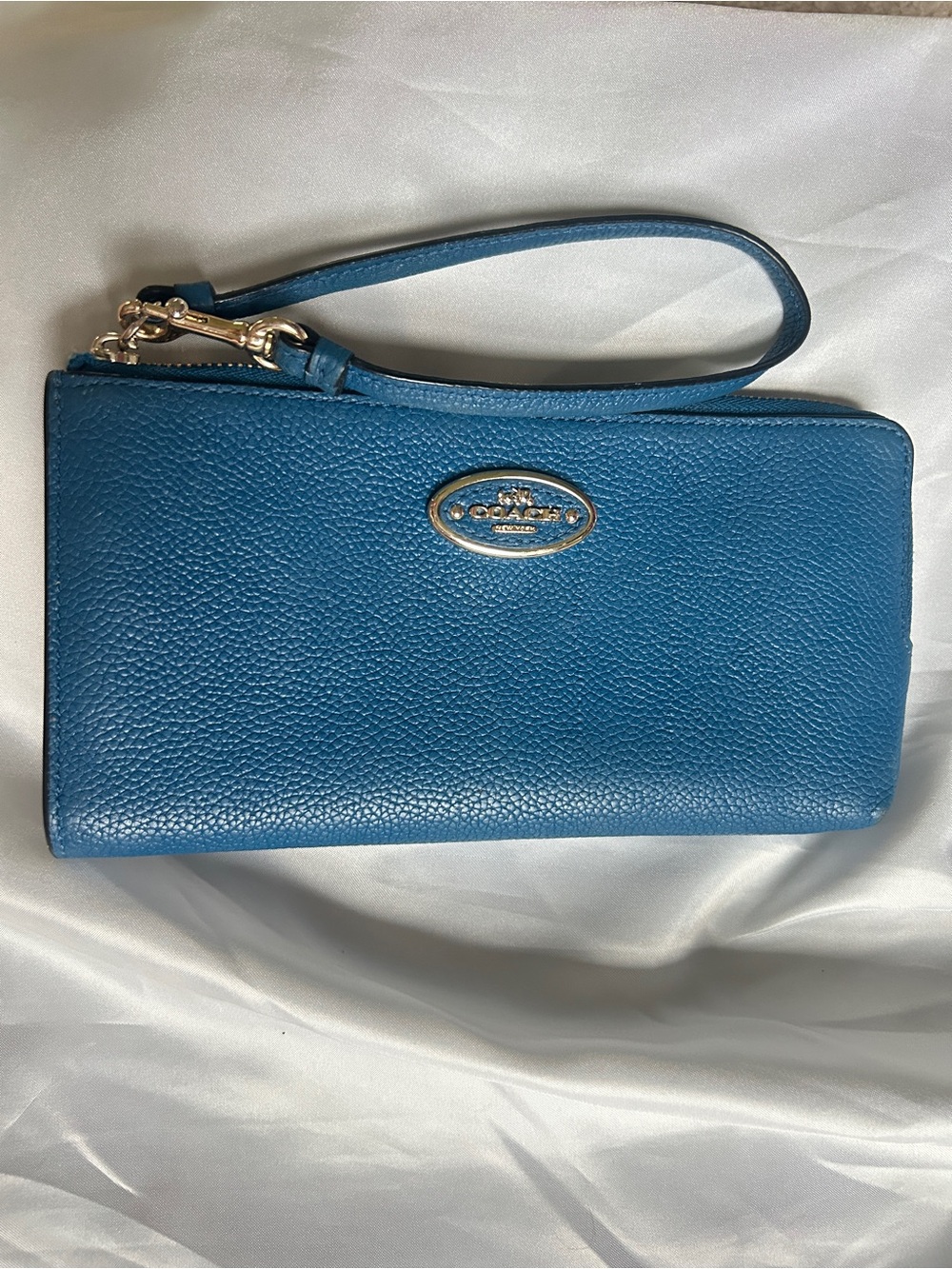 Coach Pebbled Leather Wristlet in Denim Blue